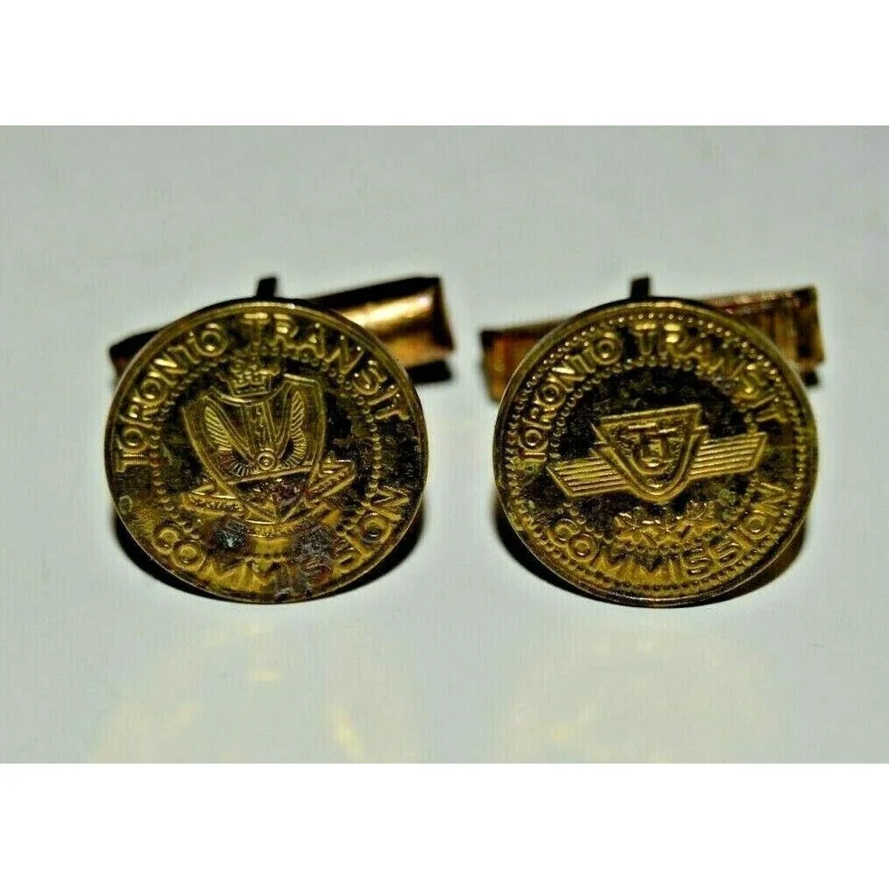 Aged Vintage TORONTO TRANSIT Round Brass Cuff Links Rare Canada